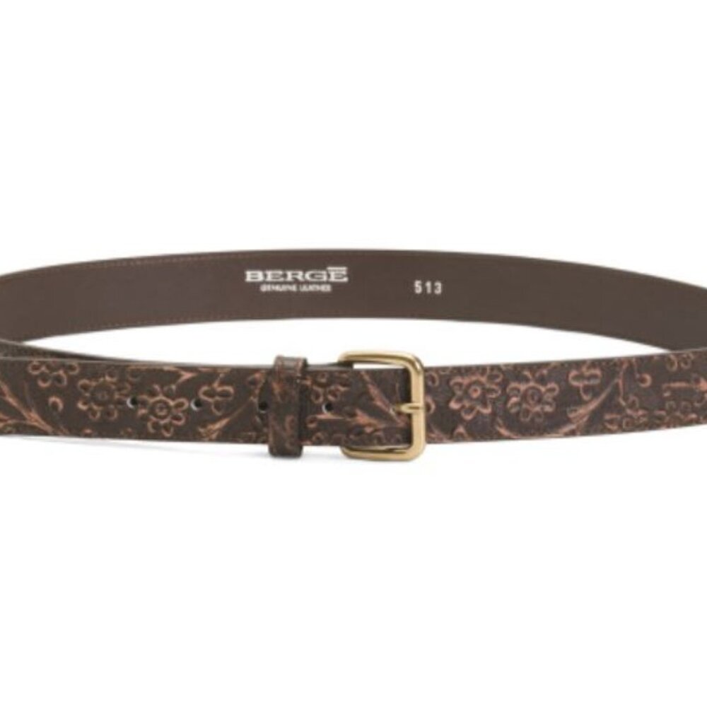 NWT BERGE Made In Italy Brown Floral Printed Leather Belt Size L